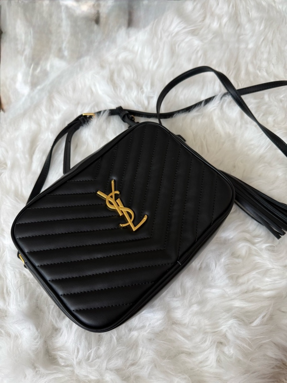Black Quilted Camera Bag with Gold hardware